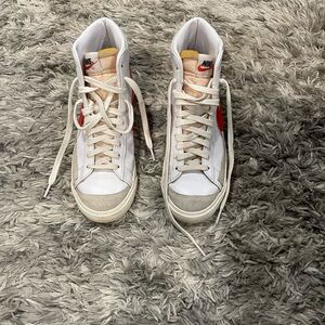 Nike White and Red High-Tops with Yellow Detail